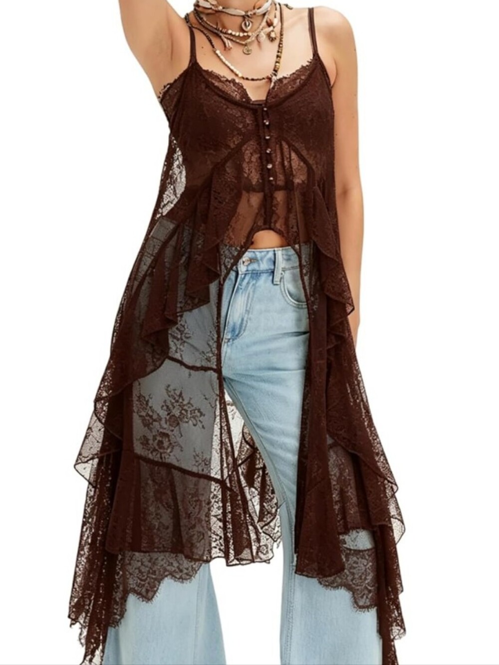 Brown Lace High-Low Camisole Duster